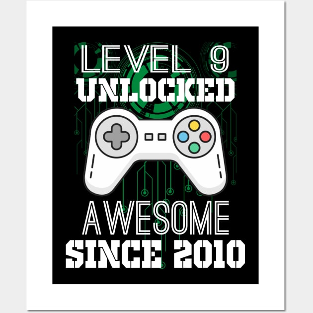 Level 9 Unlocked Awesome Since 2010-9th Birthday Gamer Wall Art by Kaileymahoney